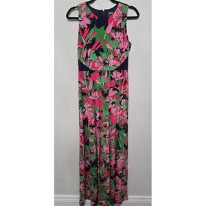 Taylor Women's Pink Green Floral Black‎ Mesh Panel Sleeveless Maxi Dress  Size 4